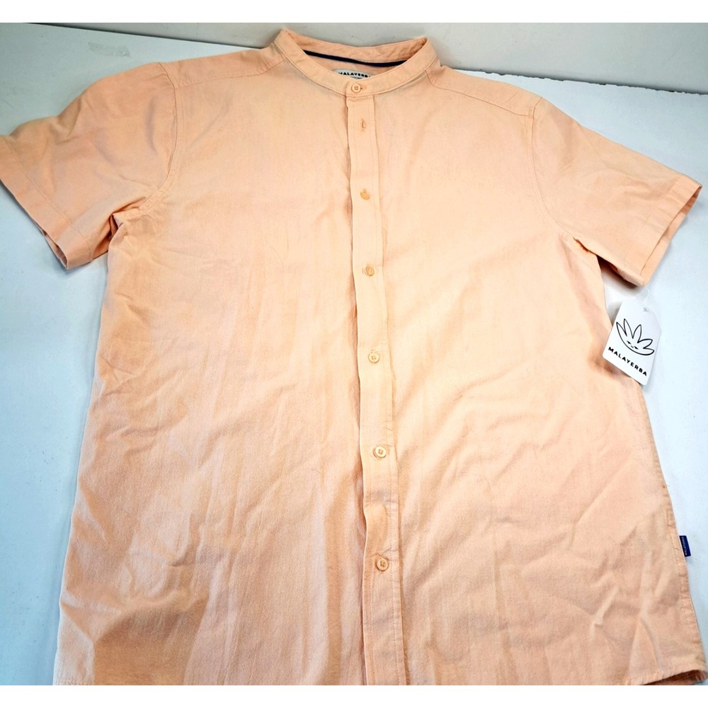 NEW Malayerba 100% Cotton Mens Shirt Button Manchurian Collar Peach NWT Mexico